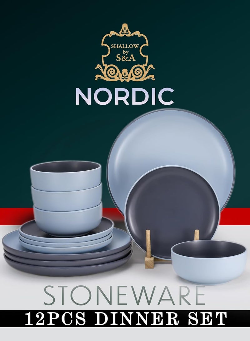 Shallow طقم عشاء نوردك ضحل مكون من 12 قطعة باللون الأزرق الأنيق | 4 أطباق عشاء 10.5 بوصة، 4 أطباق جانبية 7.5 بوصة و 4 سلطانيات عميقة 5.5 بوصة - Image 3